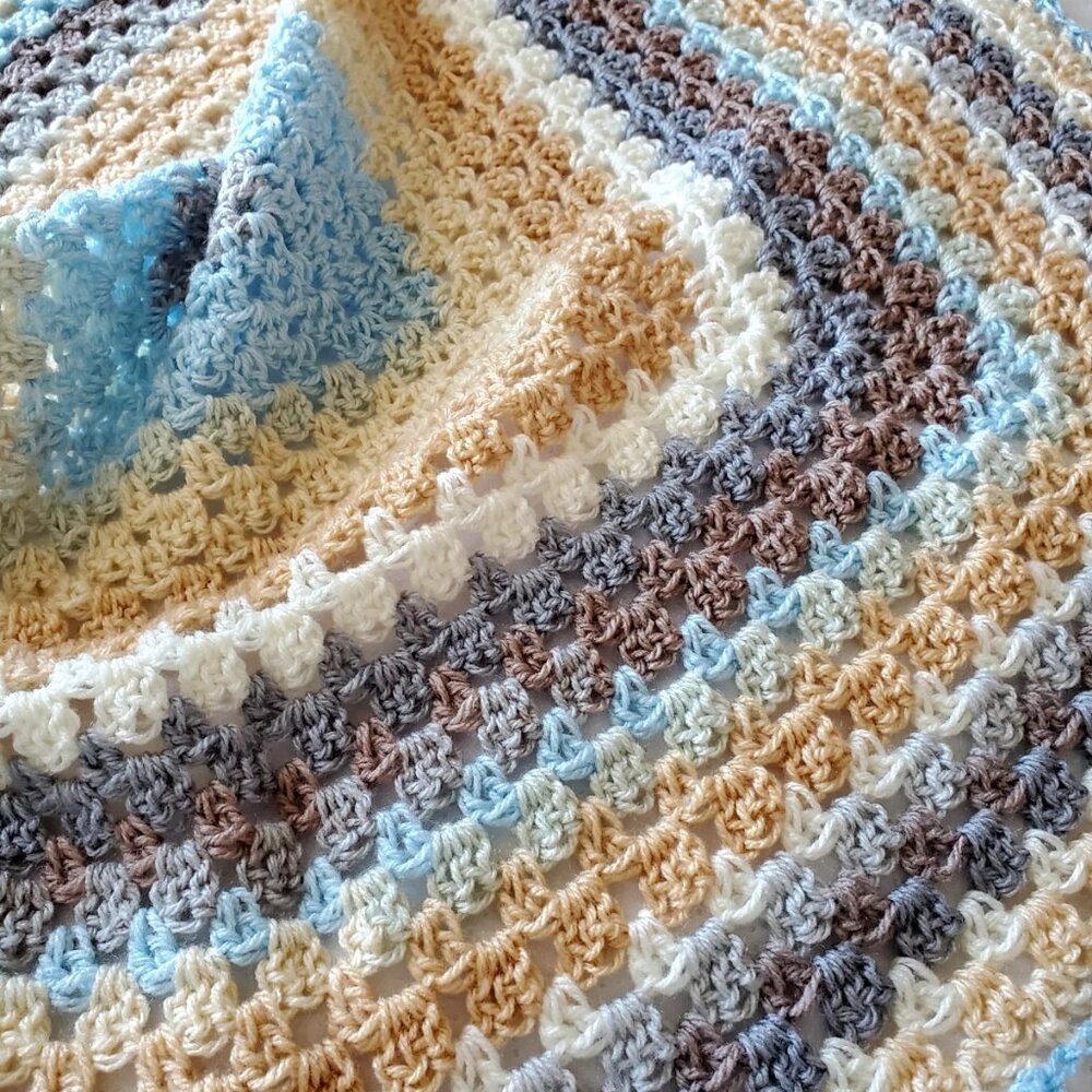 Crochet BABY BLANKET AFGHAN Lap Granny Square 30"x 30" Beige Blue Gray Brown New